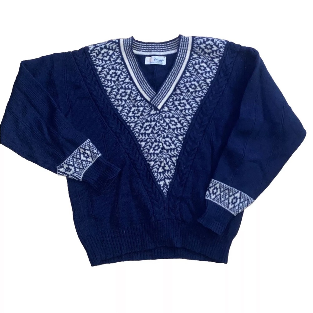 Pringle Of Scotland Vintage VNeck Sweater Size Medium Blue Wool Fisherman Knit